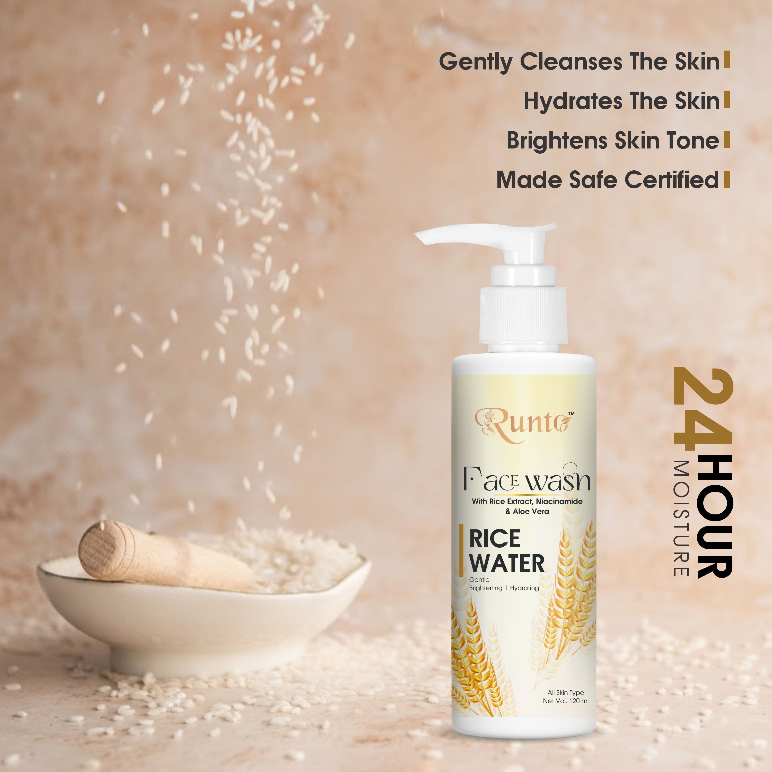 RUNTO Rice Water Brightening with Niacinamide & Aloe Vera – 120 ml Face Wash