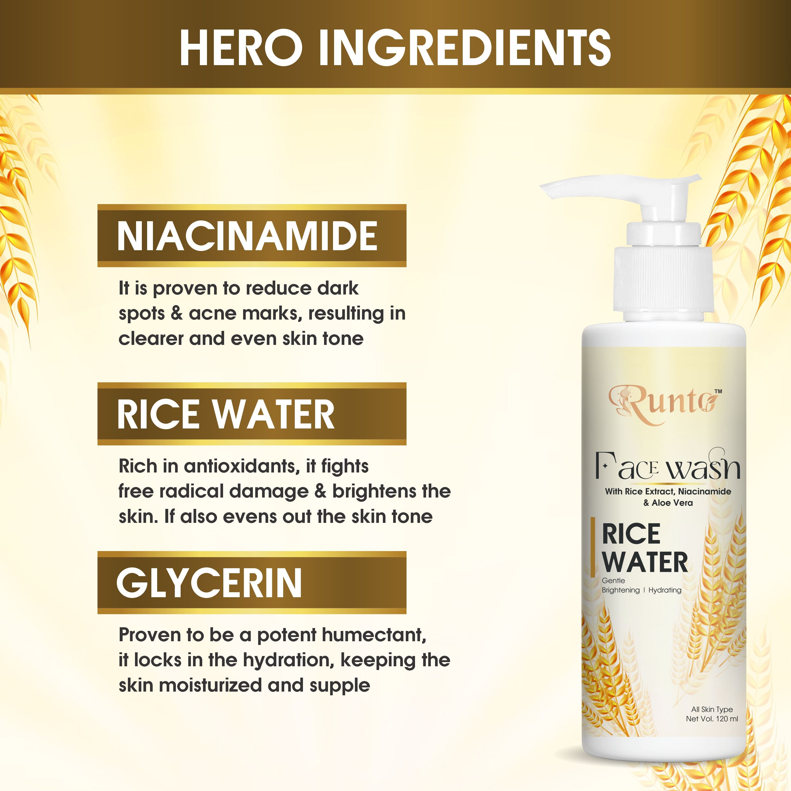 RUNTO Rice Water Brightening with Niacinamide & Aloe Vera – 120 ml Face Wash