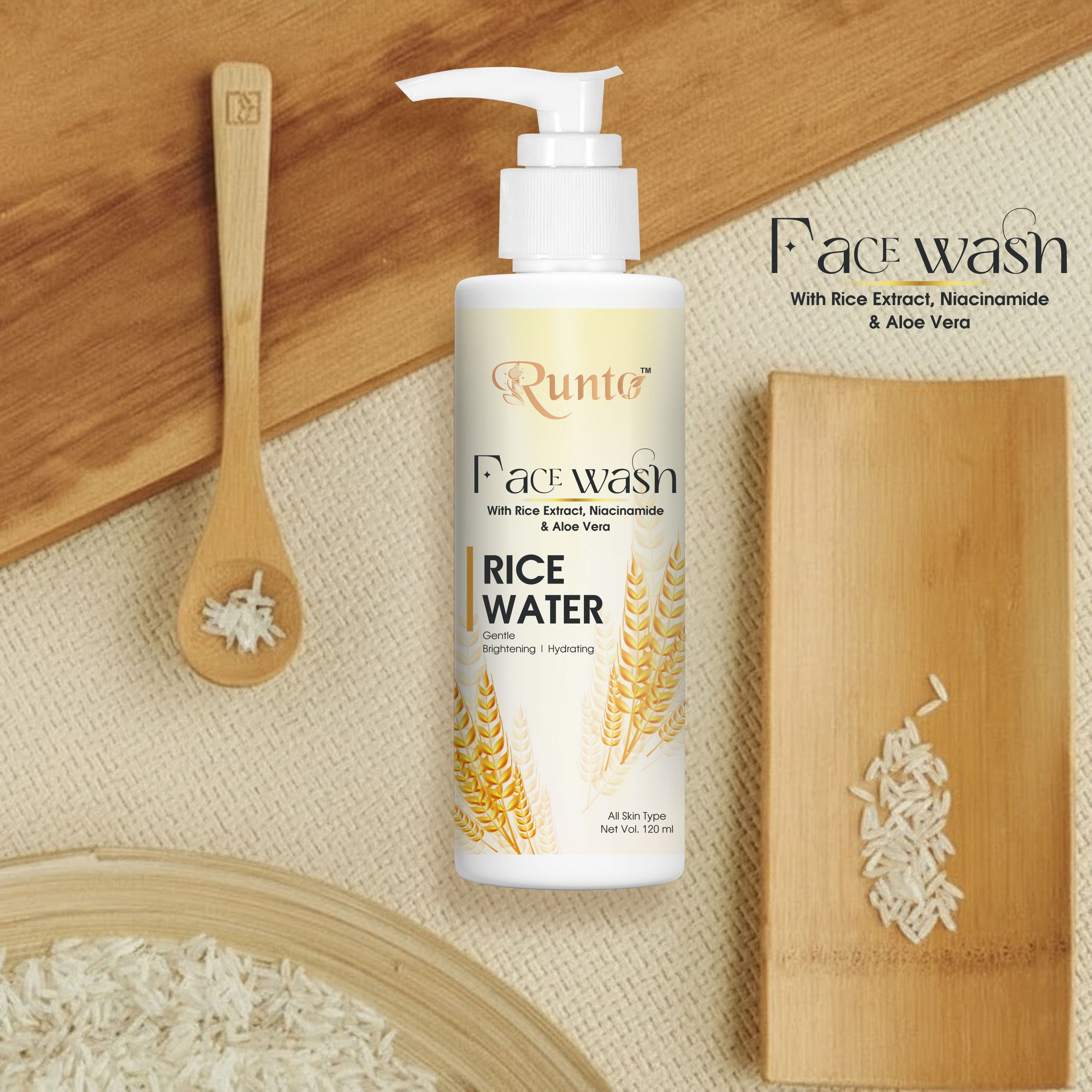 RUNTO Rice Water Brightening with Niacinamide & Aloe Vera – 120 ml Face Wash