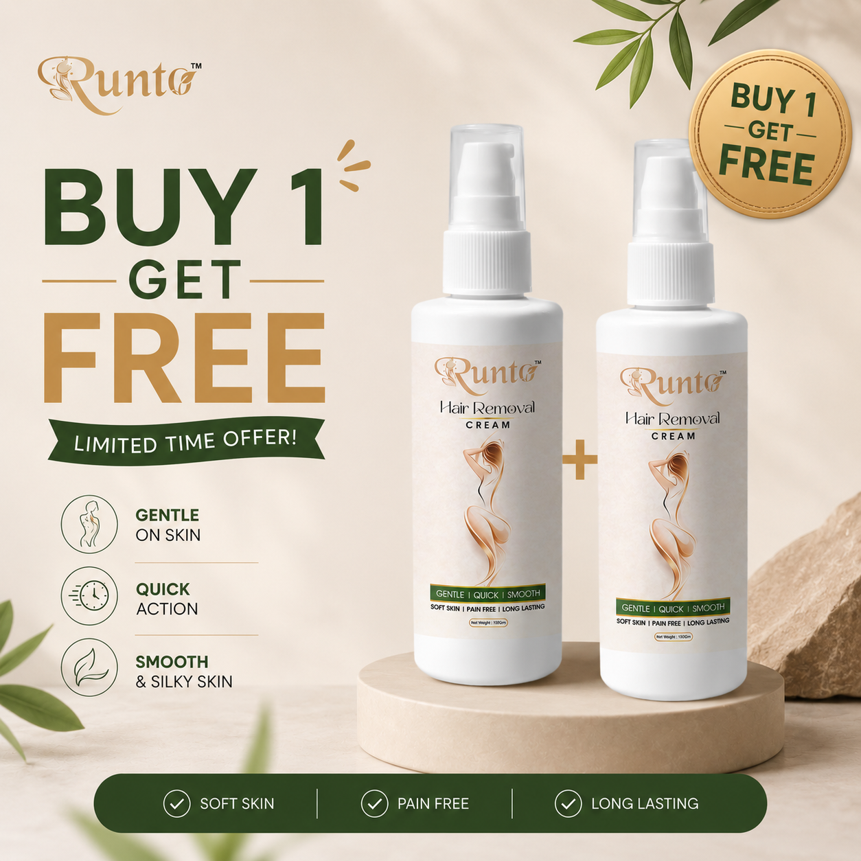 (BUT 1 GET 1 FREE)RUNTO Hair Removal Cream Spray for Women & men  – Painless, Quick & Smooth Skin | Long Lasting Hair Removal | 100ml