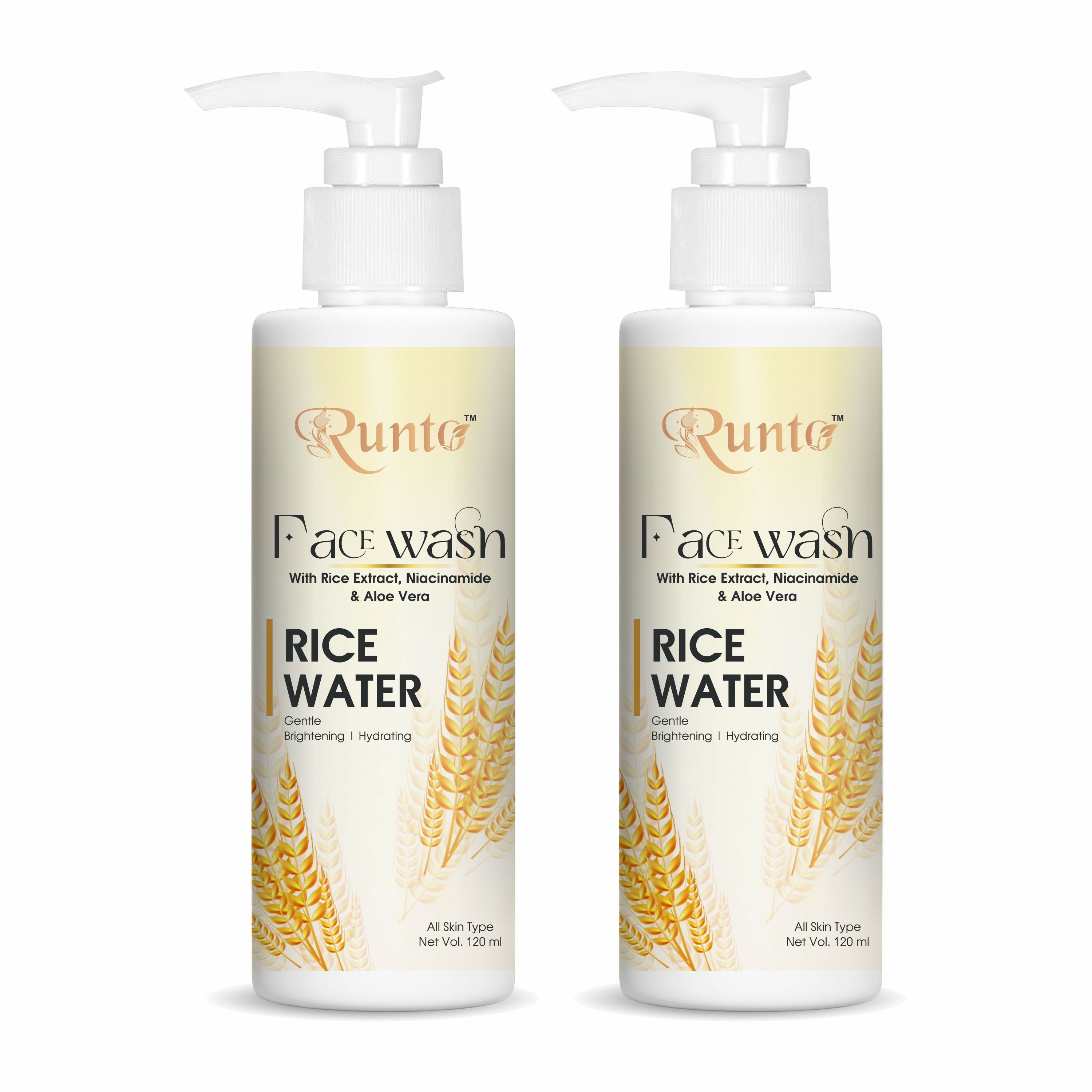 Runto Rice Water Face Wash 2-Pack Combo | Brightening & Hydrating Cleanser with Niacinamide & Aloe Vera