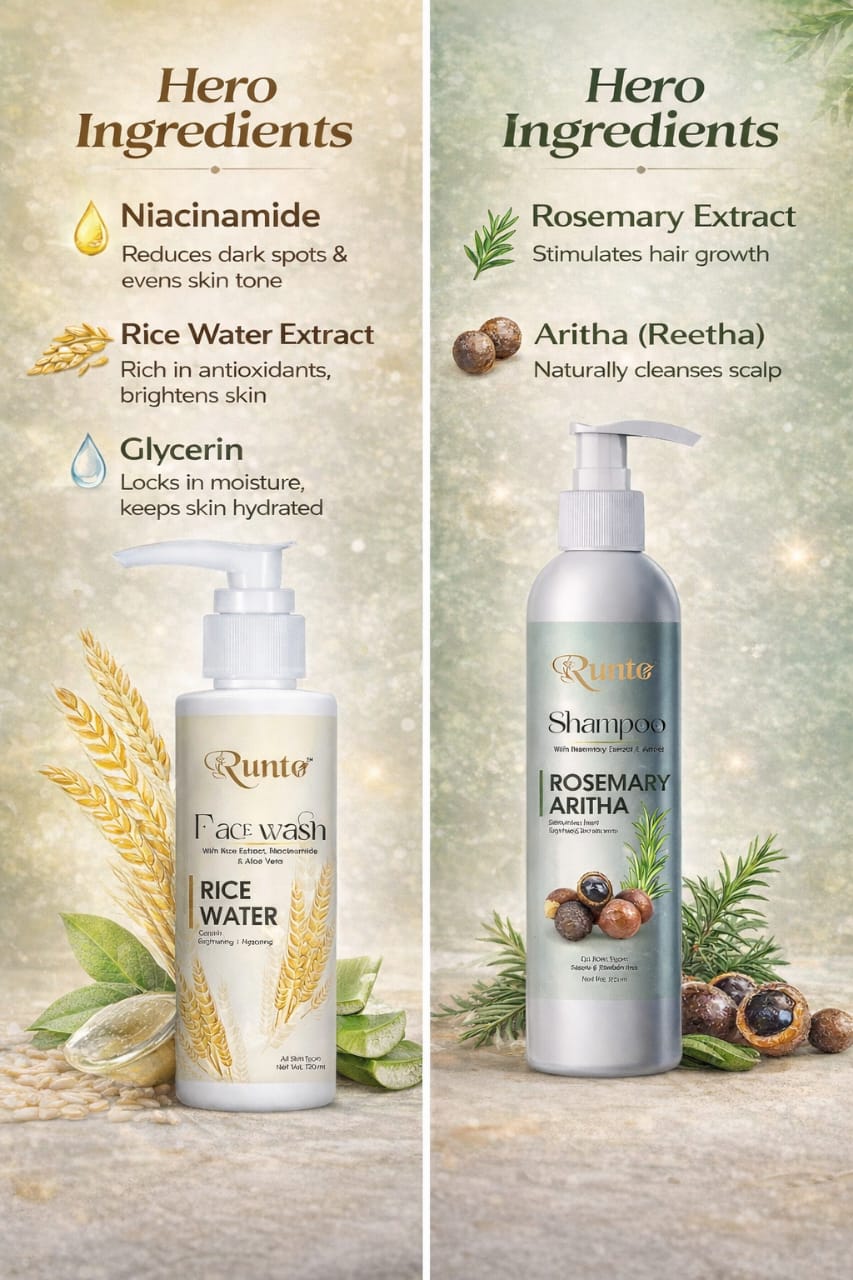 RUNTO Rice Water Face Wash & Rosemary Aritha Shampoo Combo – Complete Face & Hair Care Solution